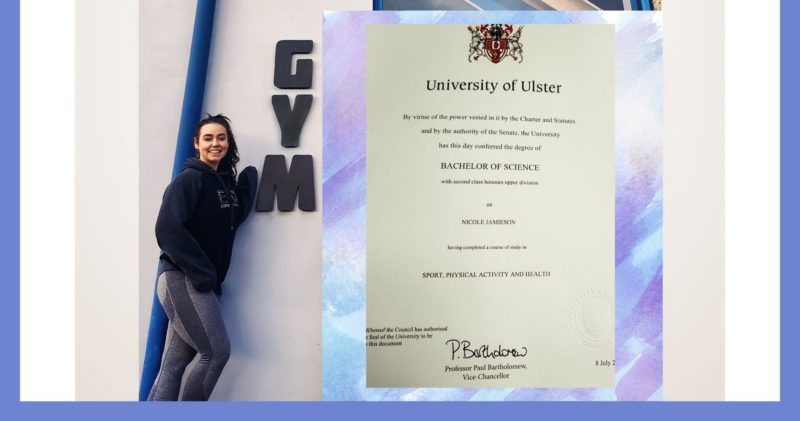 Picture of woman standing outside Limitless gym smiling. Also an inset of her degree.